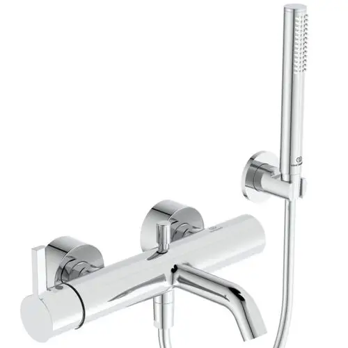 Waschbeckenarmatur in Chromoptik mit Handbrause, Schlauch und Wandhalter, passend für Badezimmer, hergestellt von Ideal Standard.
